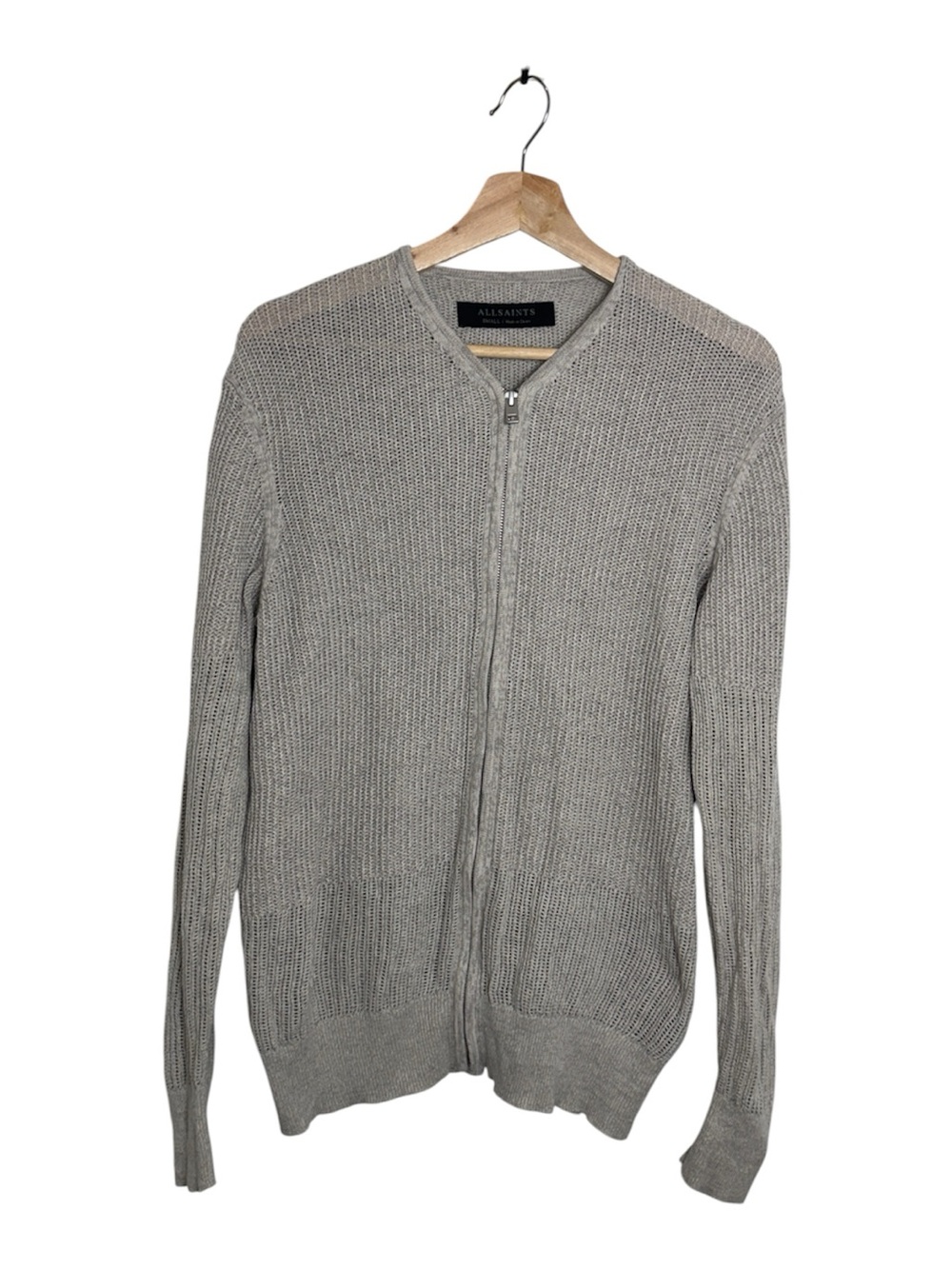 AllSaints Zip Front Waffle Knit Cardigan Sweater Gray Small Orig $175